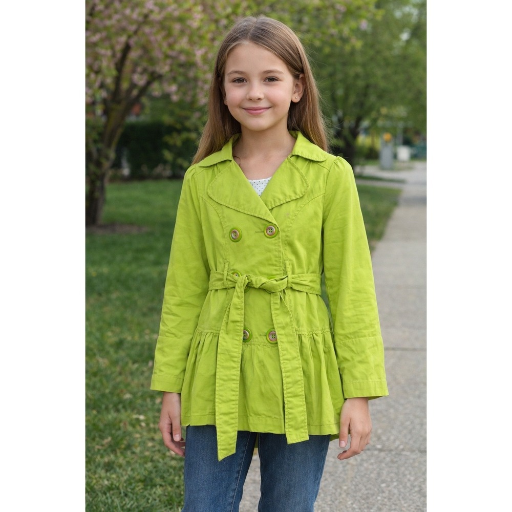 Takara Girls Size Medium Bright Green Double Breasted Trench Coat Belted Ruffle